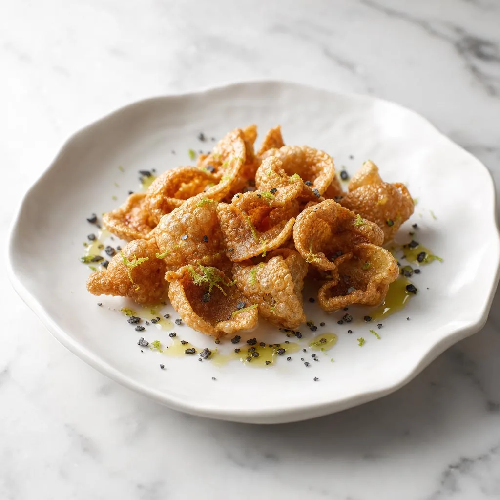 Chicharrones Iberico de Cádiz ahumado con lima, aceite de oliva y sal negra