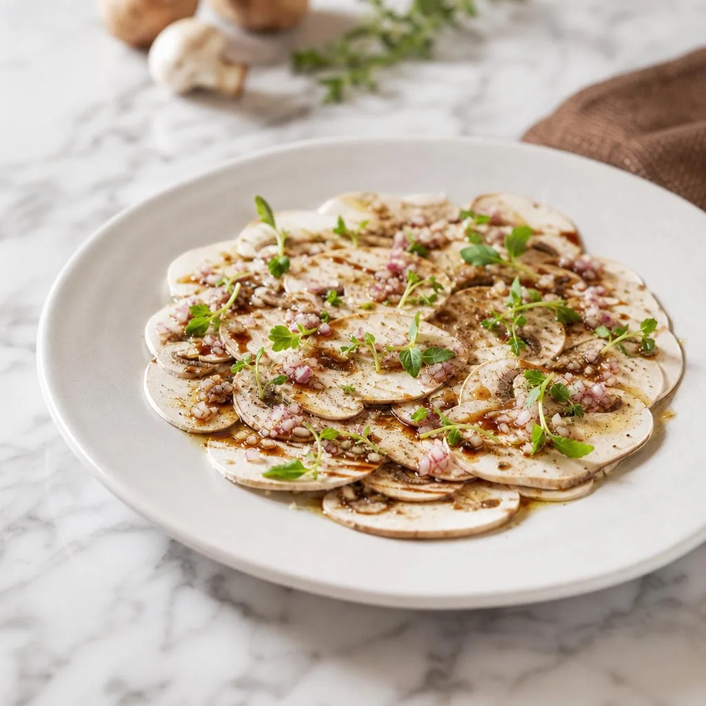 Carpaccio de champiñones, con vinagreta de chalotas, balsámico y soja