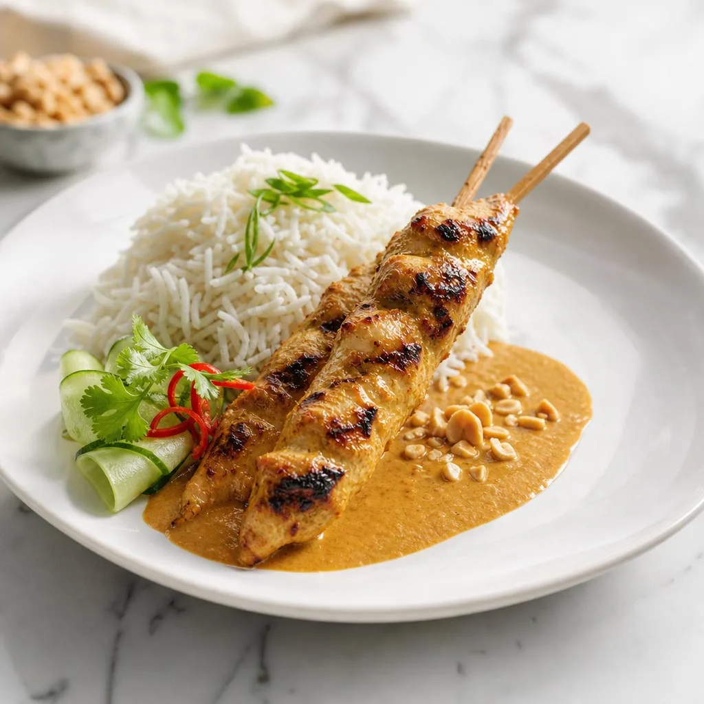 Saté de pollo con arroz basmati