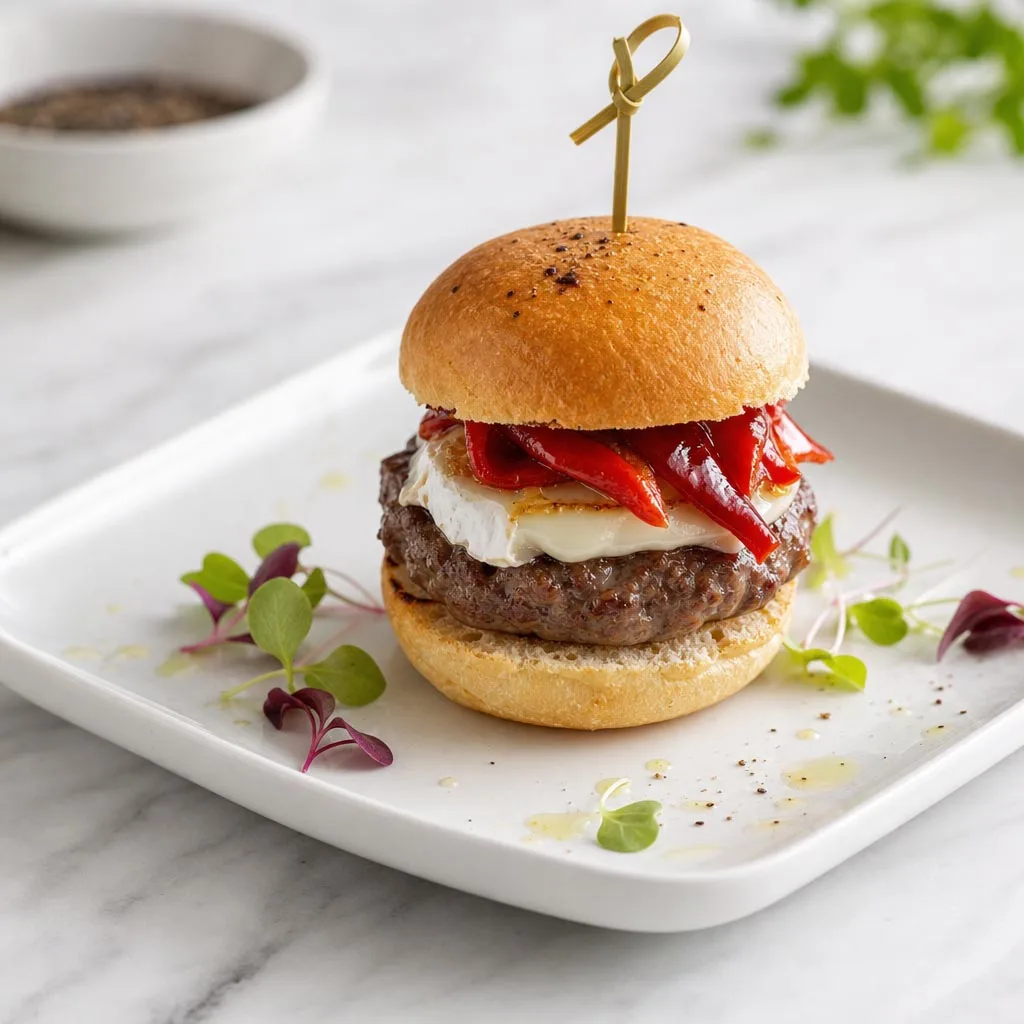 Mini burguer de buey con queso de cabra y pimientos confitados