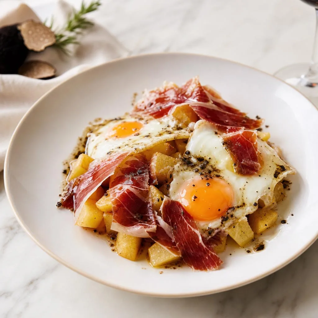 Broken Eggs with Potatoes, Iberian Ham, and Black Truffle Oil