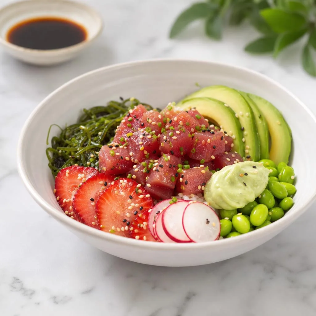 Hawaiian Poke Bowl: rice, marinated tuna, edamame, wasabi mayonnaise, wakame, radish, strawberry, toasted sesame, avocado, and soy