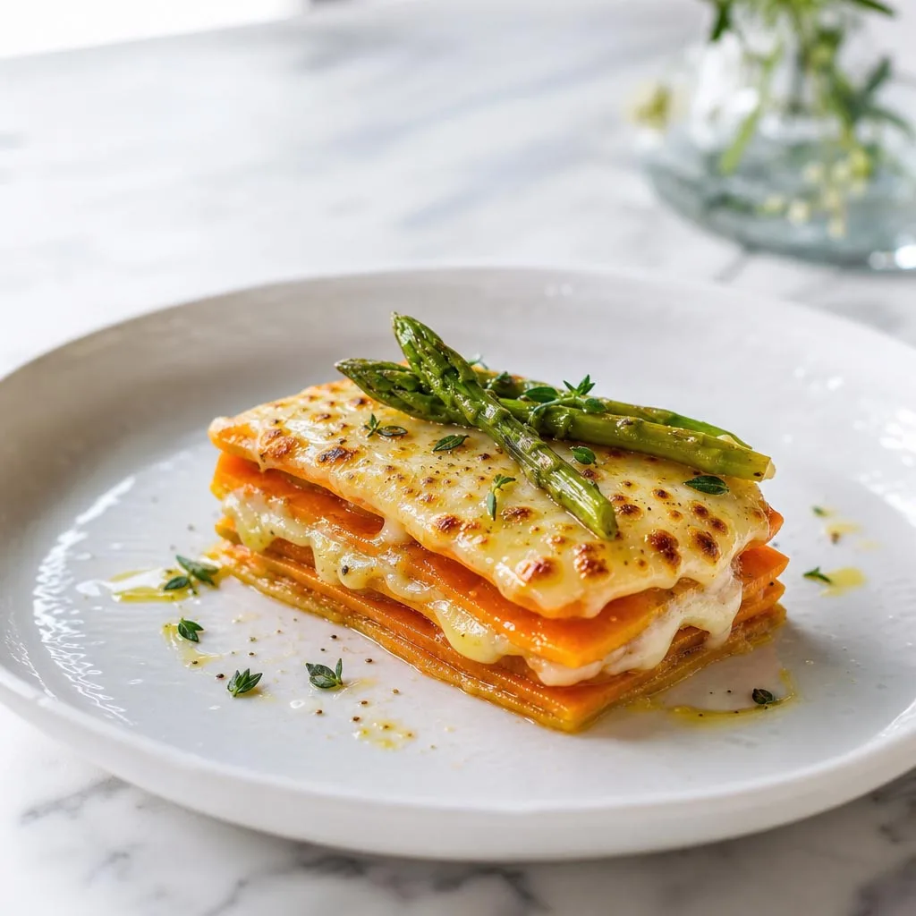 Sweet Potato Millefeuille with Gratinated Payoyo Cheese and Asparagus