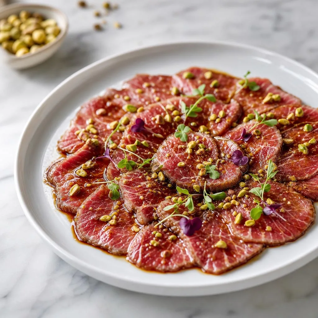Iberian Pork Carpaccio Marinated in Soy and Pistachios