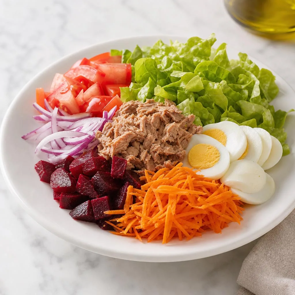 Mixta: Lechuga, tomate, cebolla, atún, huevo duro, remolacha y zanahoria