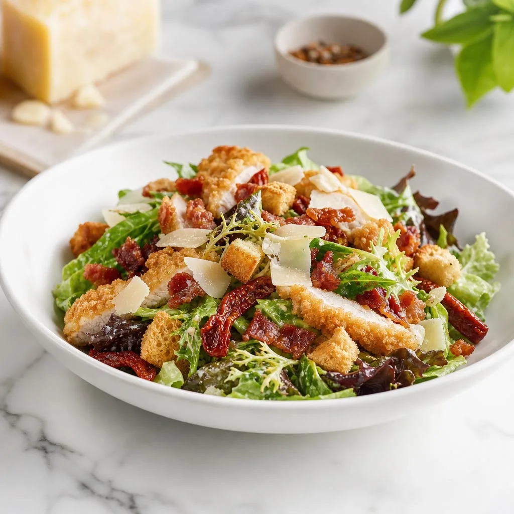 Cesar las maravillas: mezclun de lechuga, picatostes, pollo empanado, bacon, tomate seco y parmesano