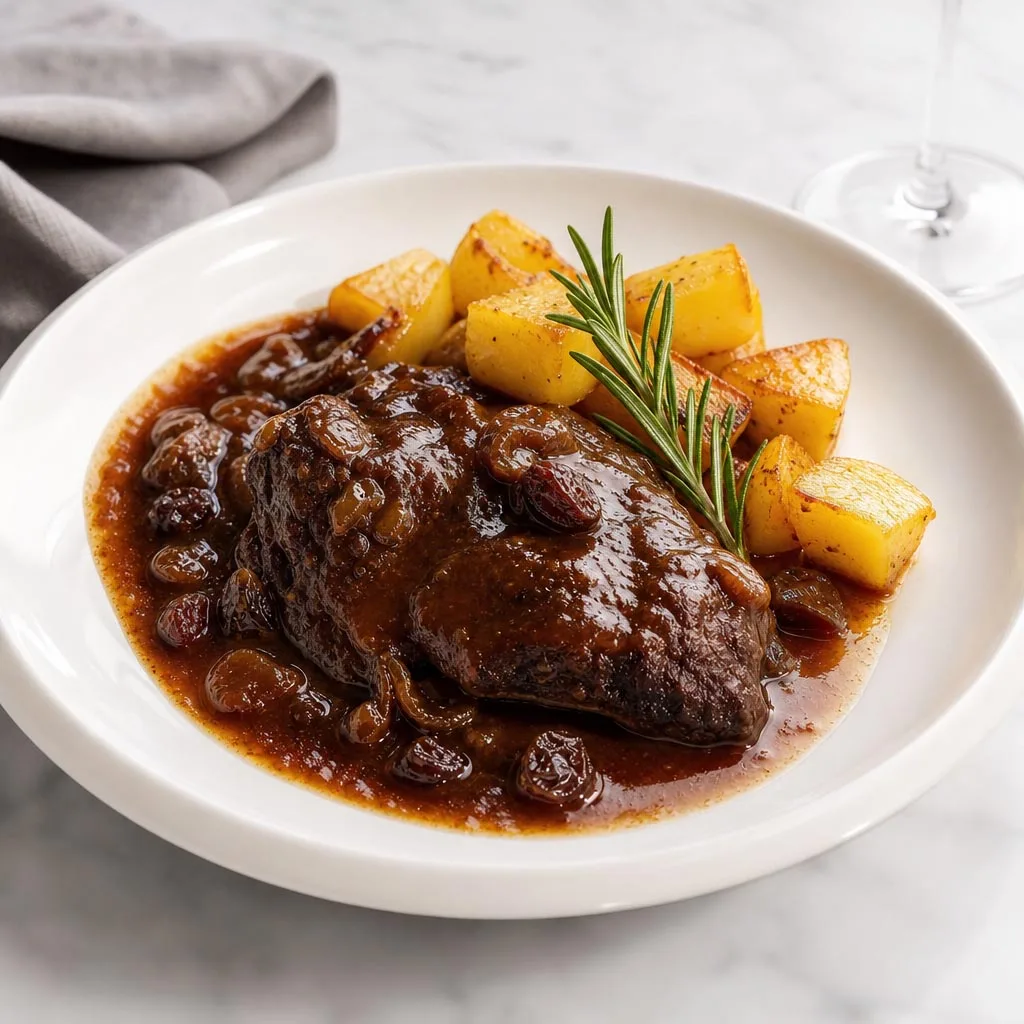 Carrillada con salsa PX, pasas y patatas