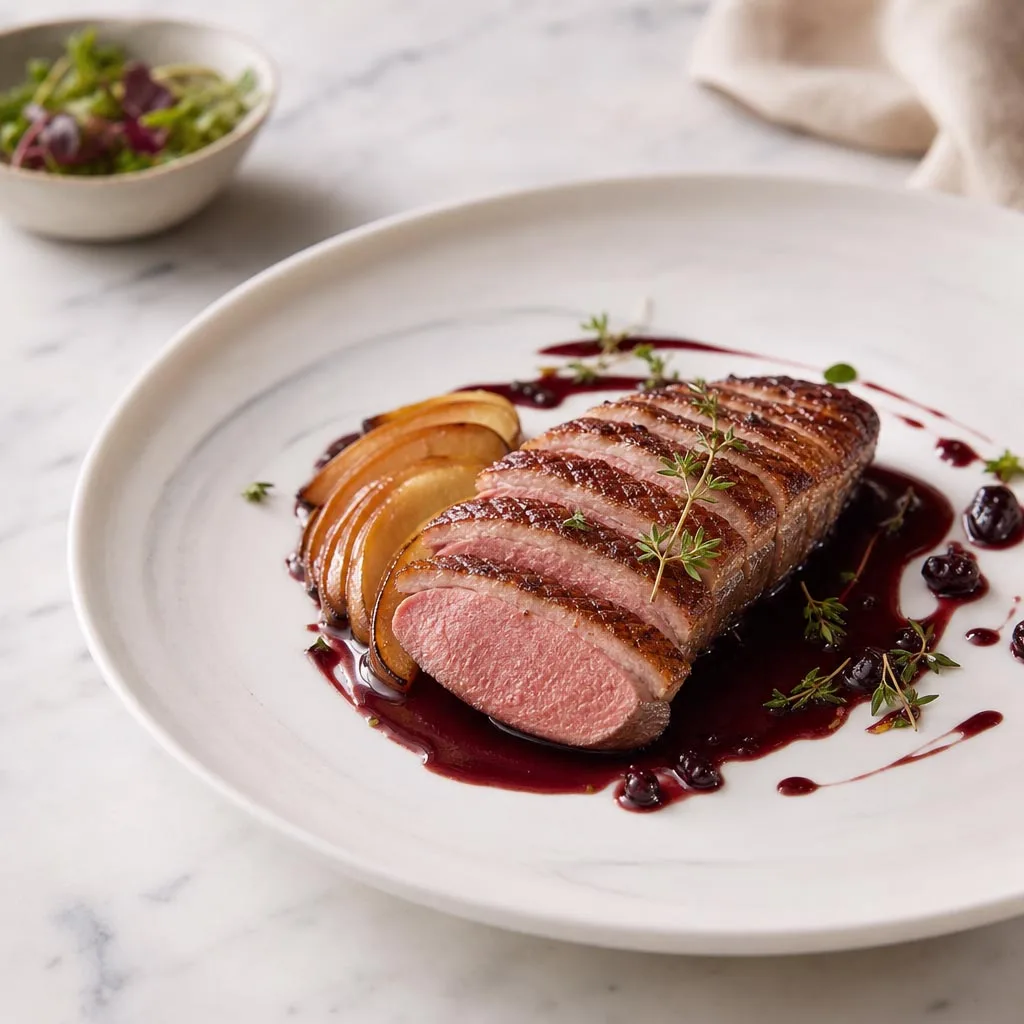 Magret de pato, manzana y reducción de vino tinto