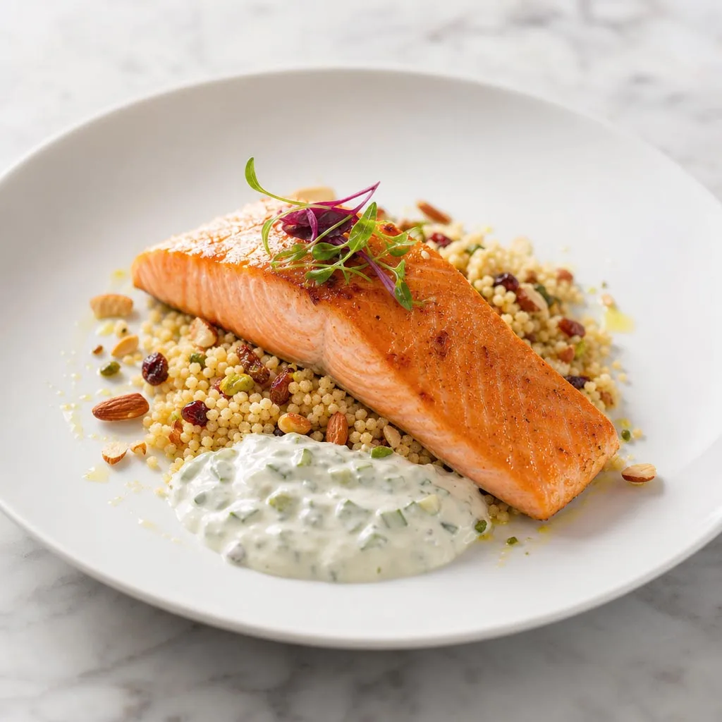 Salmón con cuscus, frutos secos y salsa tartara