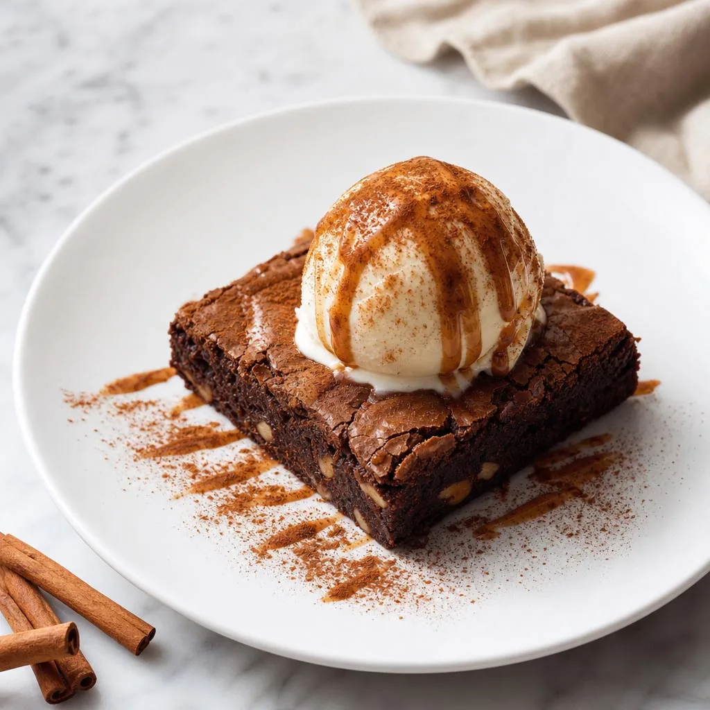 Brownie con helado y canela