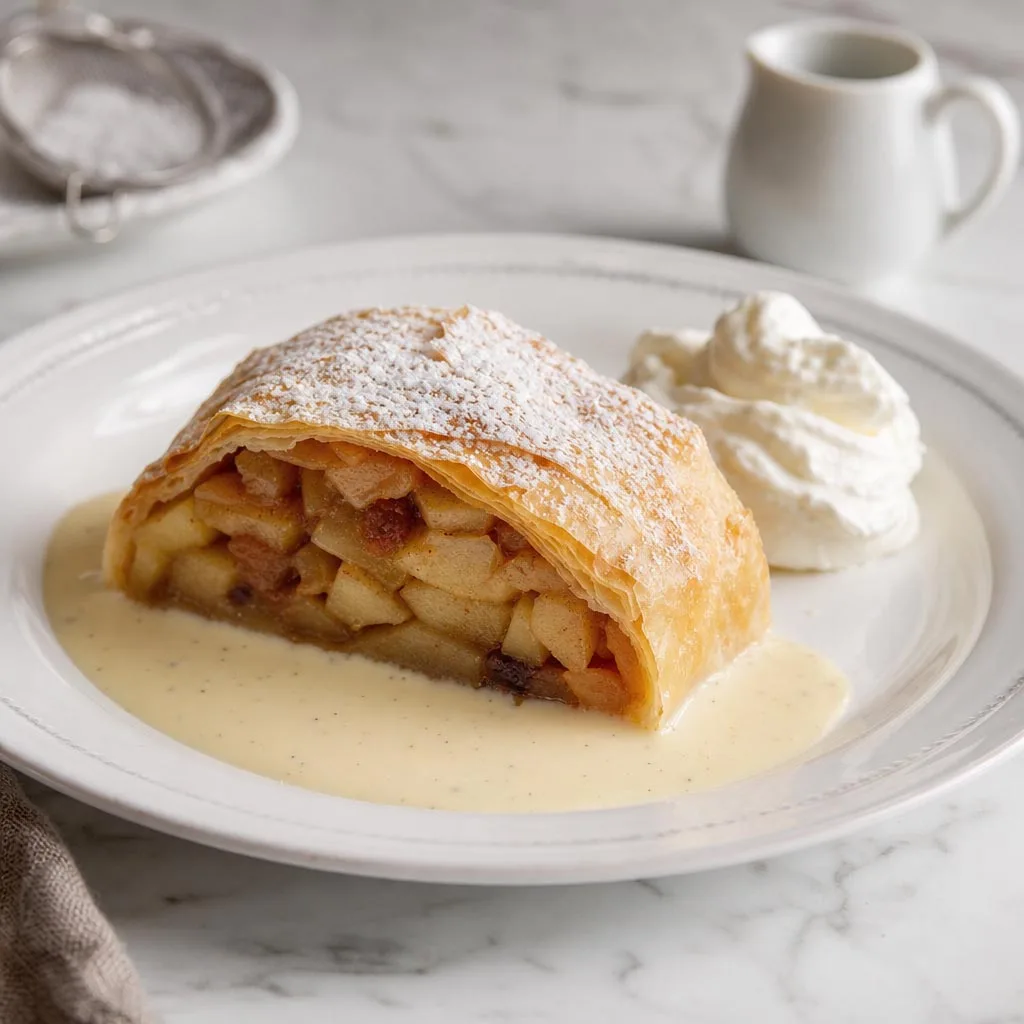 Apfelstrudel con salsa de vainilla y nata