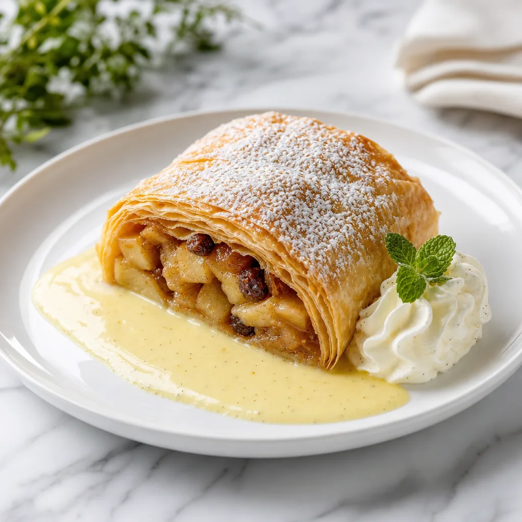 Apfelstrudel con salsa de vainilla y nata