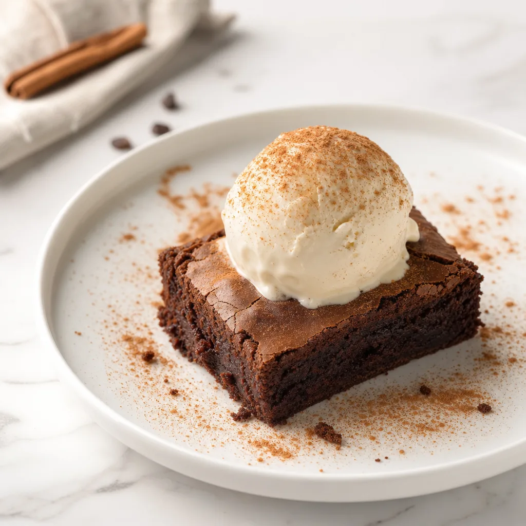Brownie con helado y canela