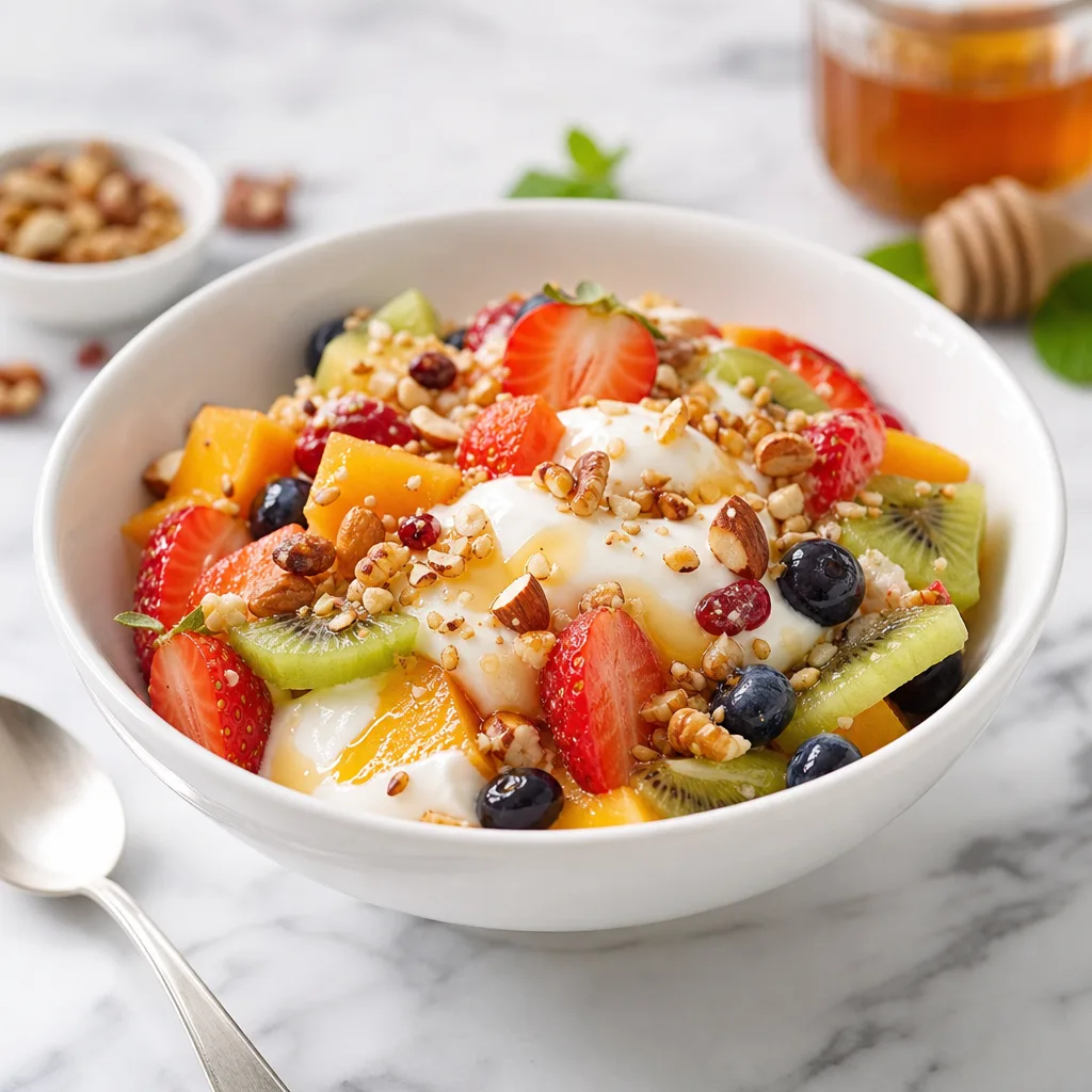 Cremoso de yogur chispeante con frutas