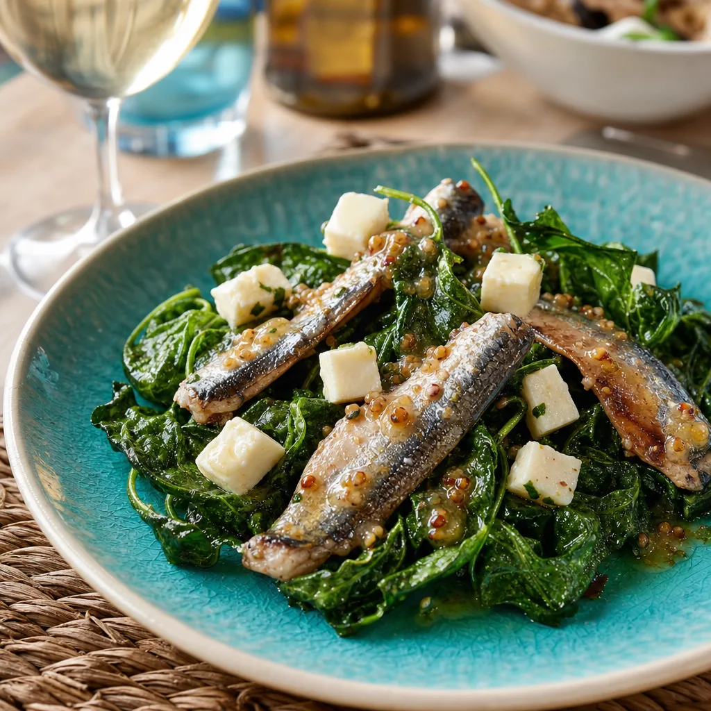 Ensalada de espinaca frita, sardina ahumada, queso Doñana y vinagreta miel y mostaza