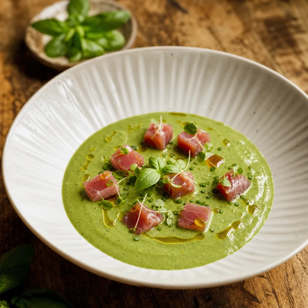 Grüner Salmorejo mit Tunfischwürfeln