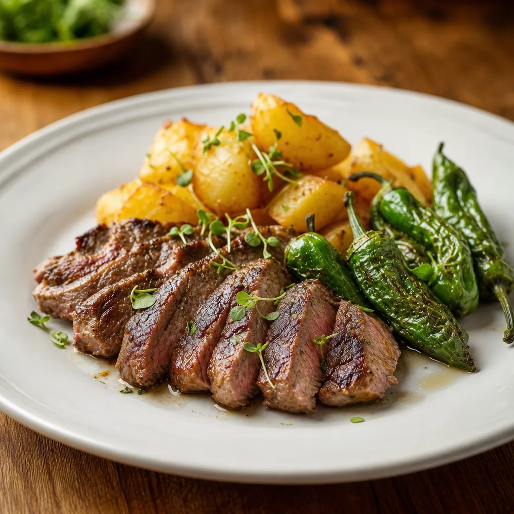 Iberisches Presa mit Kartoffeln und Padrón-Pfifferlingen