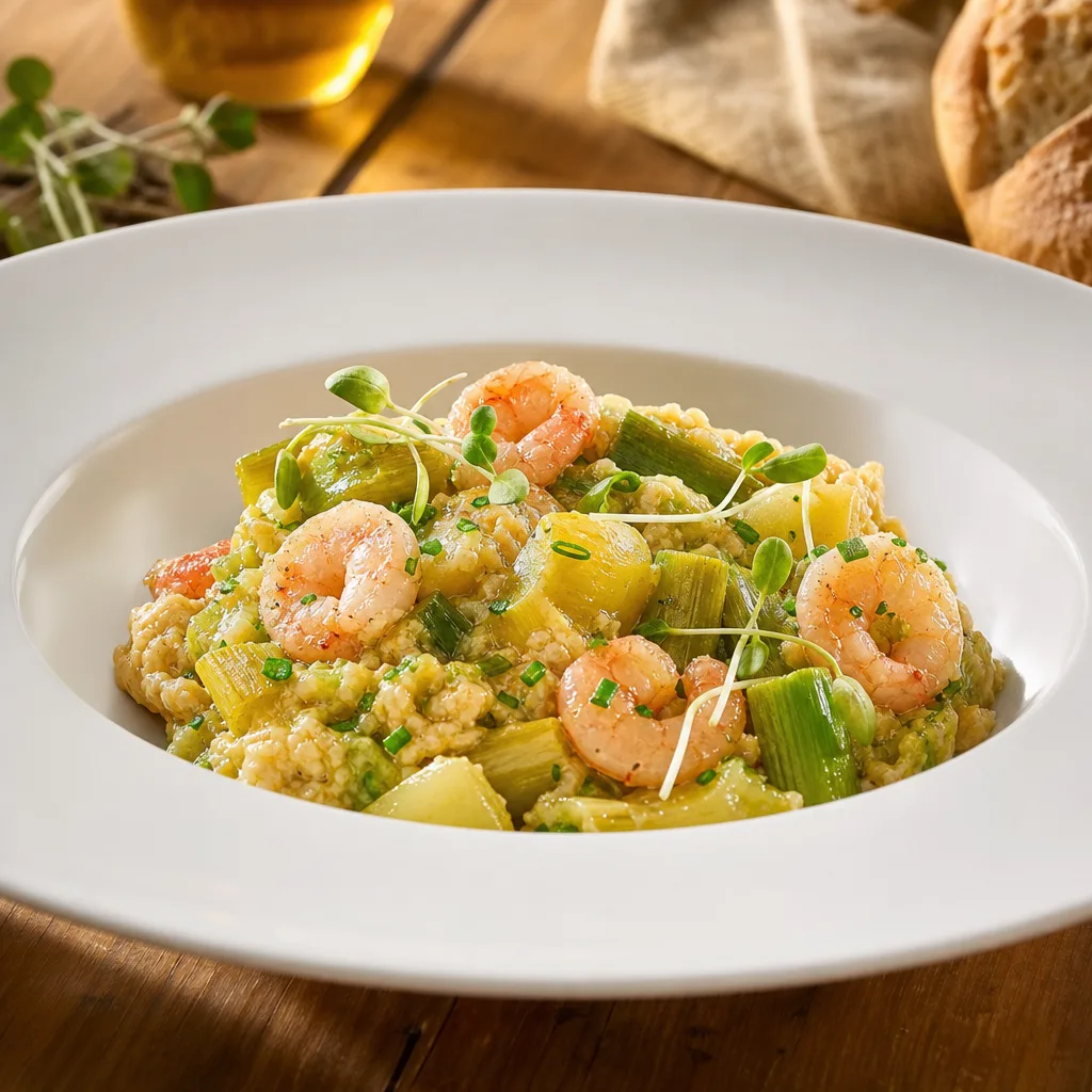 Revuelto de puerros con gambas y patatas