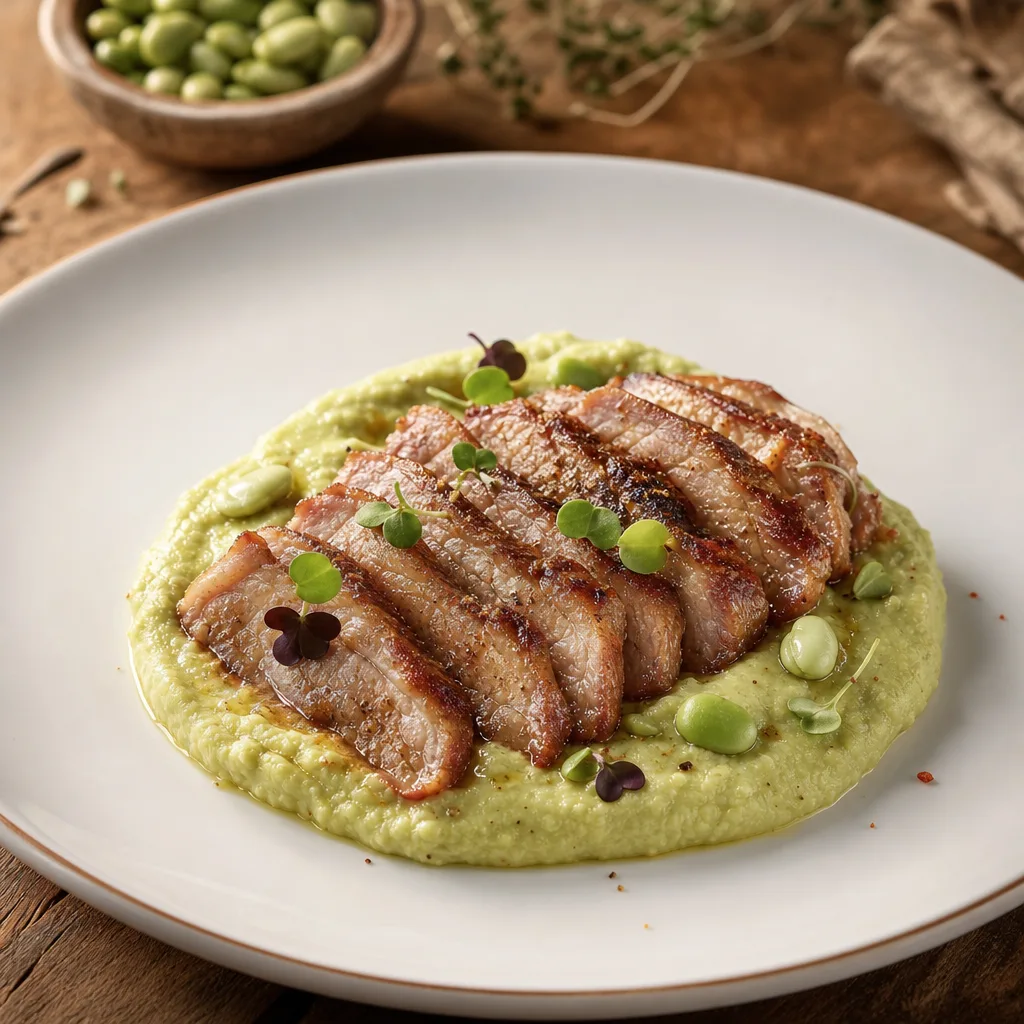 Gegrilltes Ibérico-Secreto-Trinchado mit «enzapatá»-Bohnencreme