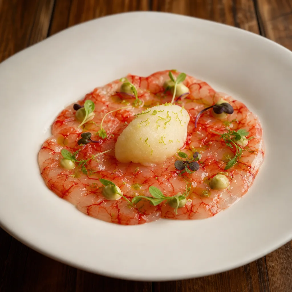 Carpaccio von Carabineros, Yuzu-Sorbet und Wasabi-Mayonnaise