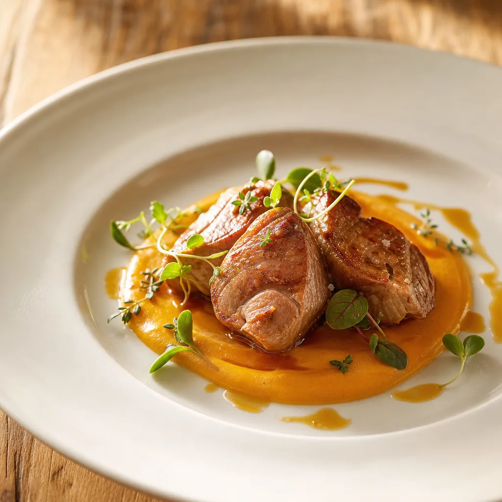 Gegrillte Rotthunfischbäckchen mit Gemüsecreme und Orangenwein