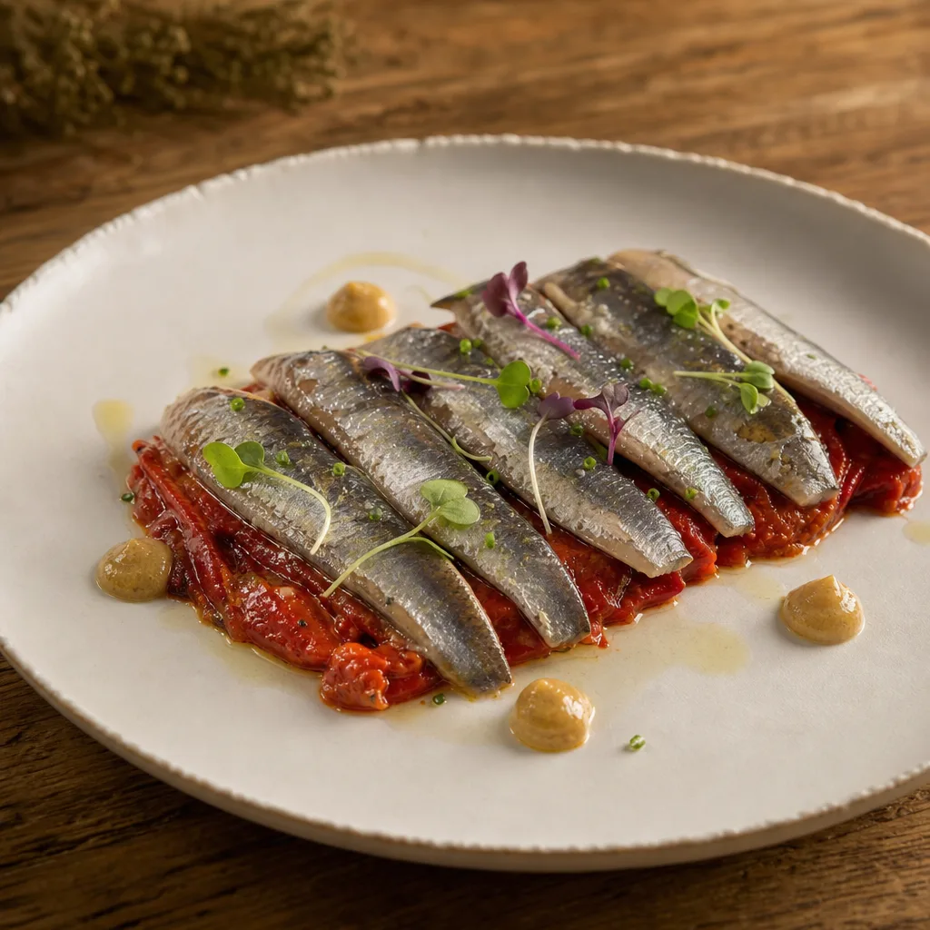 Räuchersardinenfilet auf Piquillo-Paprika und Senf