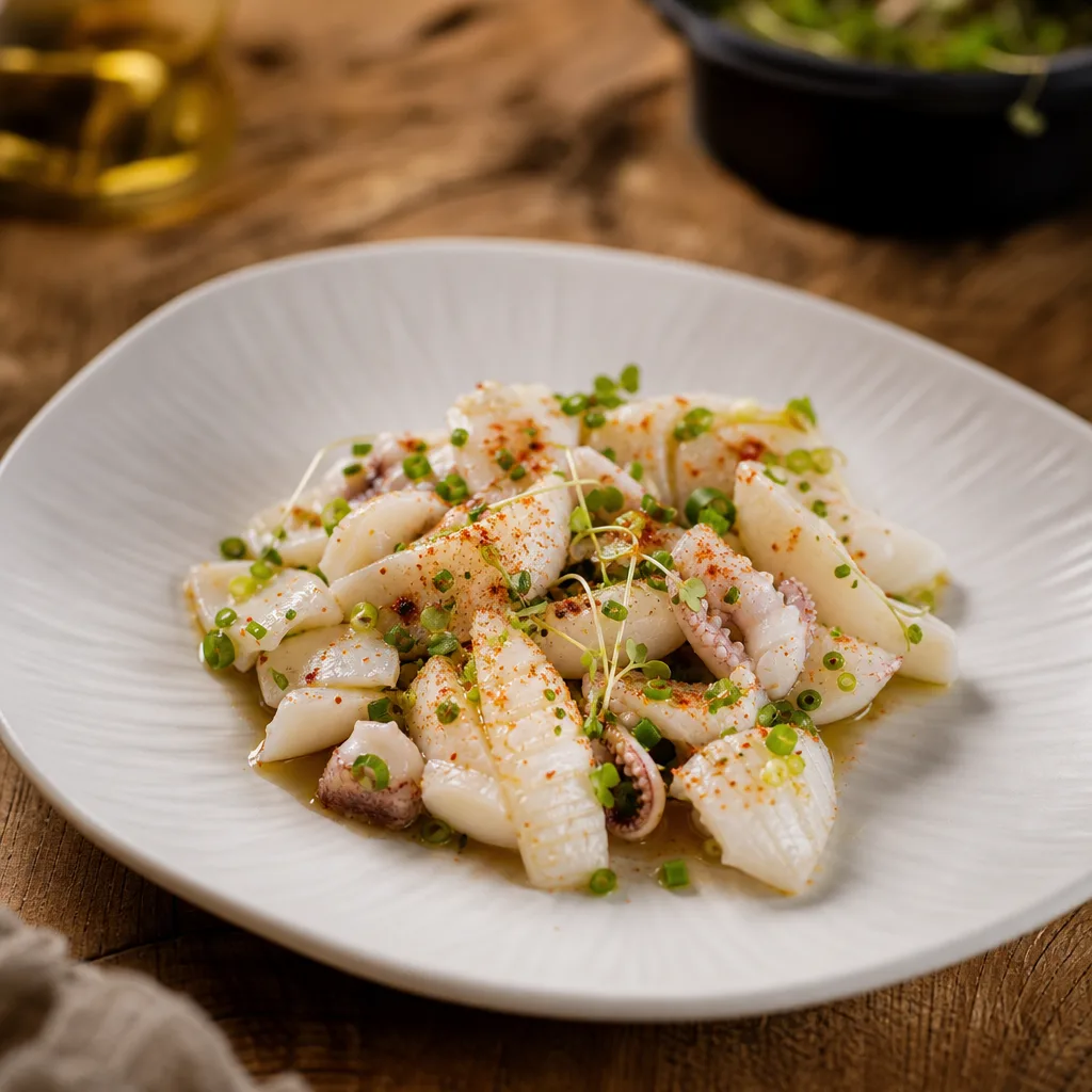 Würzung von Tintenfisch mit Frühzwiebeln