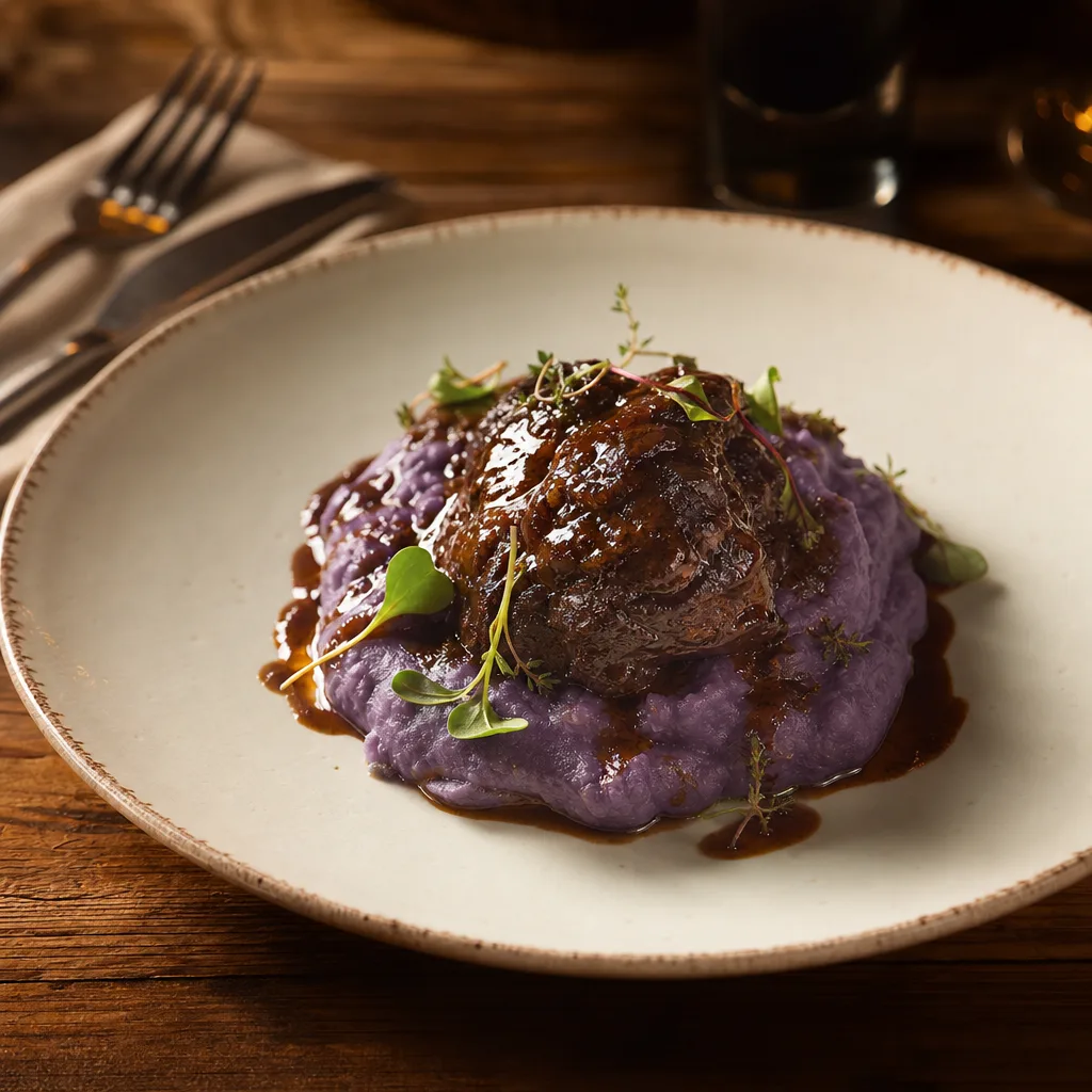 Carrillera ibérique avec purée de pomme de terre violette