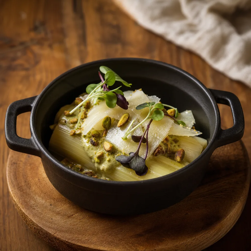 Lauch sous-vide, Pistazien und Dehesa-Käse aus Dos Hermanas (Huelva)
