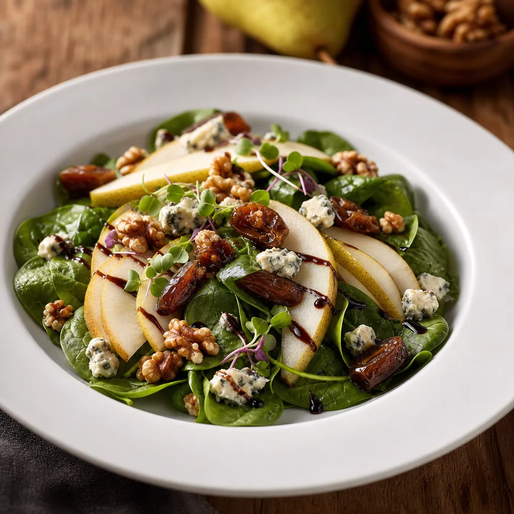 Spinach Salad with Pear, Walnuts, Dates, and Gorgonzola Cheese