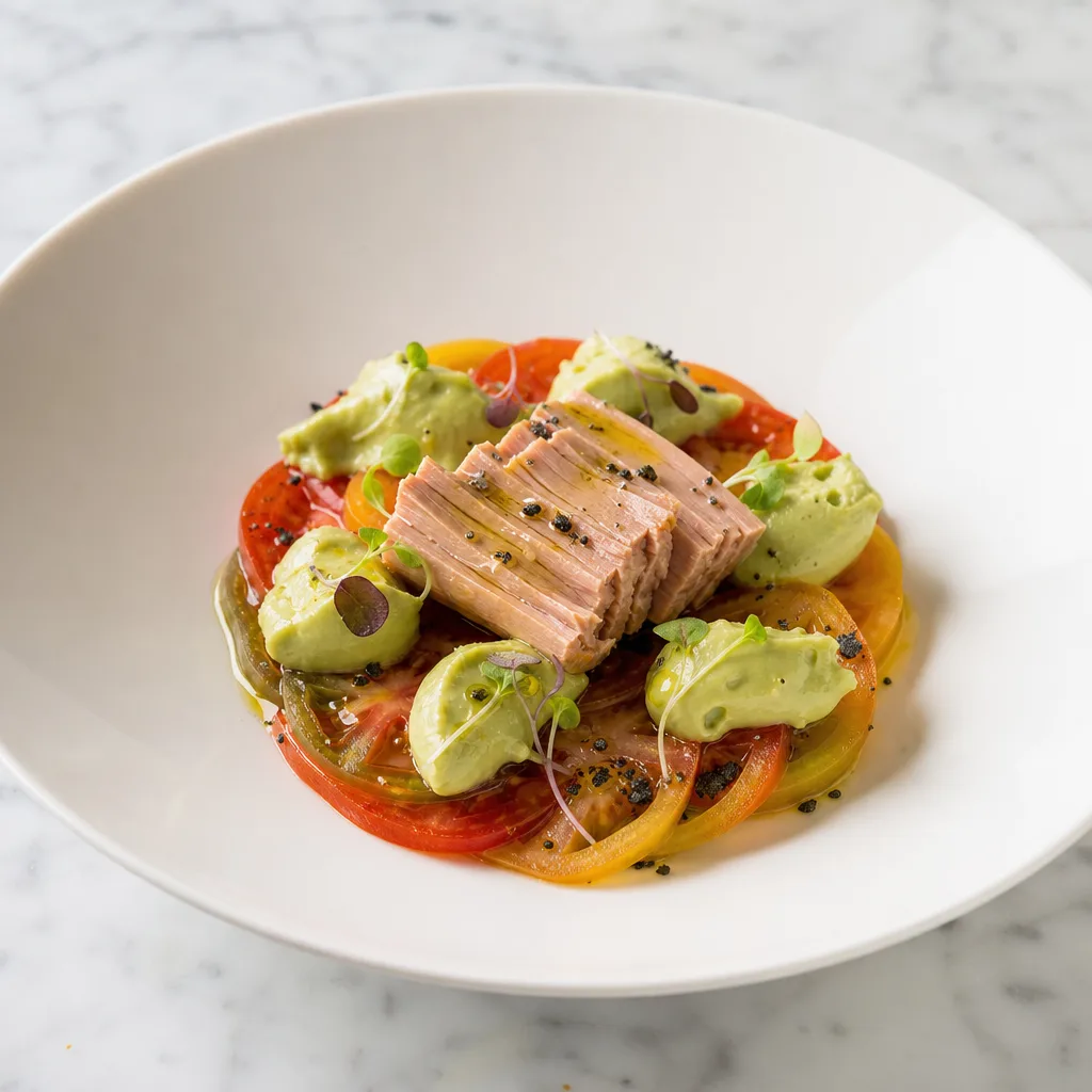 Tomato Salad with Canned Bluefin Tuna Loin (Gadira) and Avocado Mousse with Truffle Extra Virgin Olive Oil