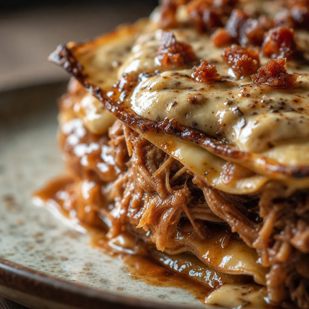 Lasanha crocante (massa Pekin) de pulled pork ibérico