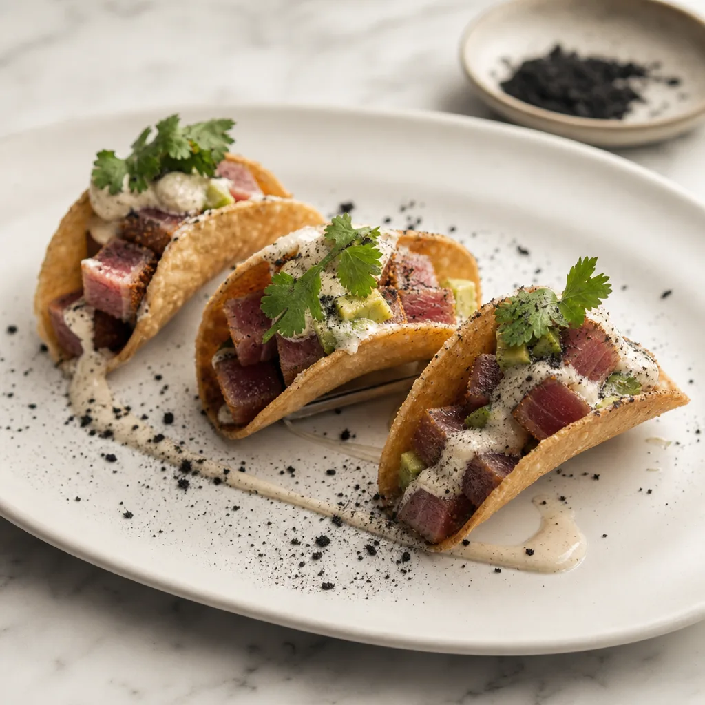 Tacos de atum vermelho frito