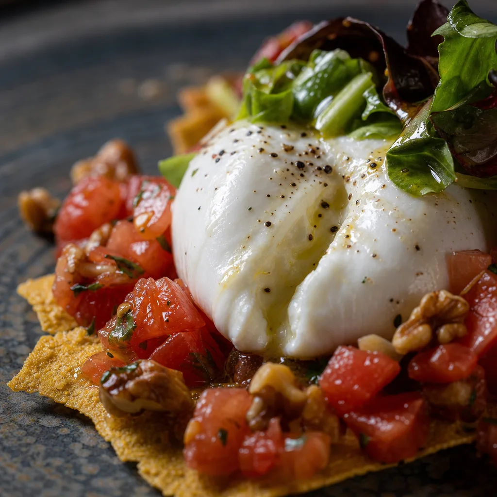 Burrata Salad, Tomato Tartare, Lettuce Mix over Corn Crisp with Pepper Vinaigrette and Walnuts