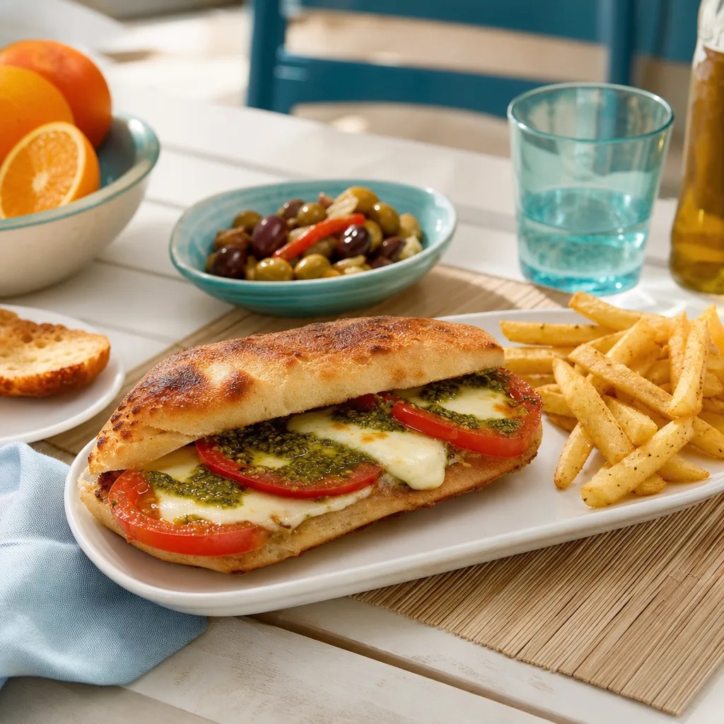 Sandwich con mozzarella, pomodoro e pesto